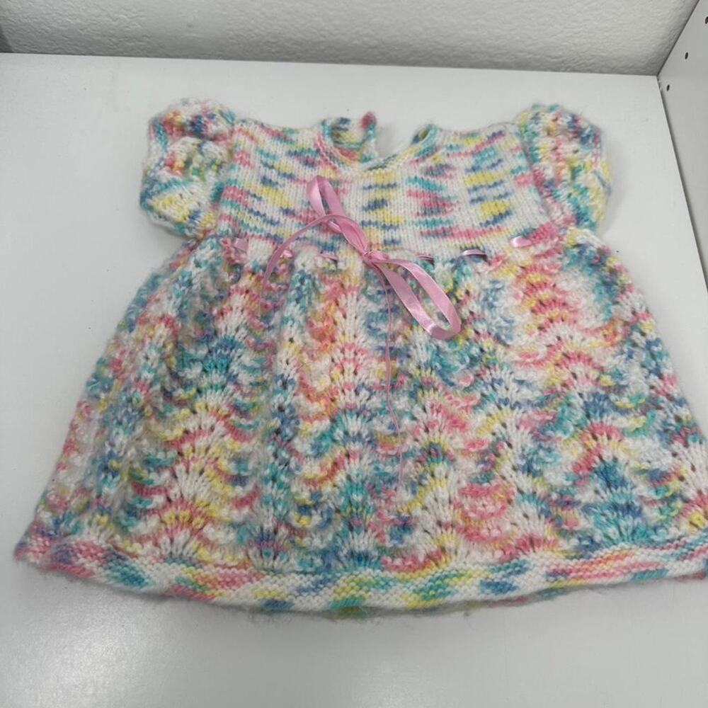 Handnitted pastel multicoloured knitted baby dress